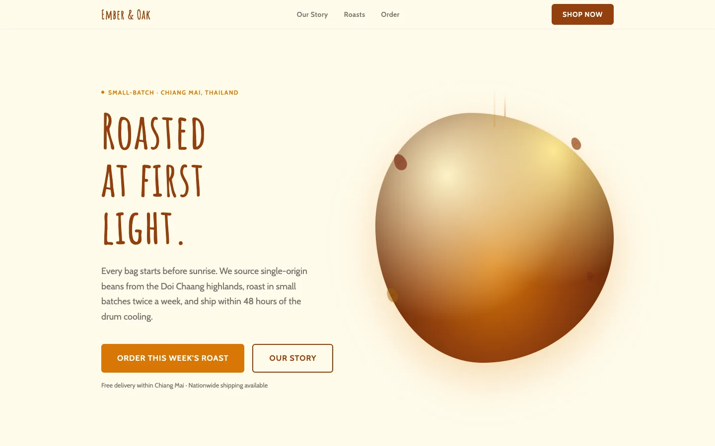Ember & Oak coffee roastery landing page demo with warm amber palette and CSS roast-sphere hero art